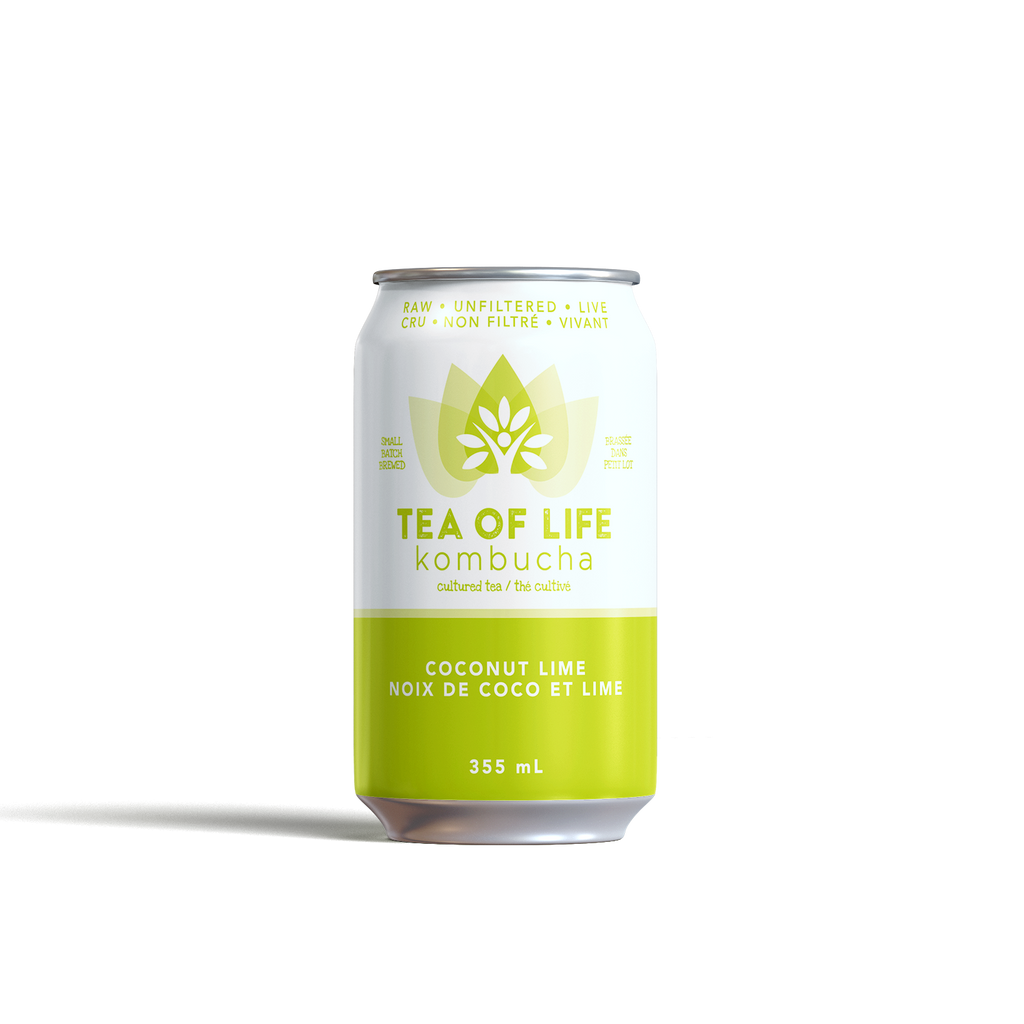 Tea of Life kombucha can on a white background