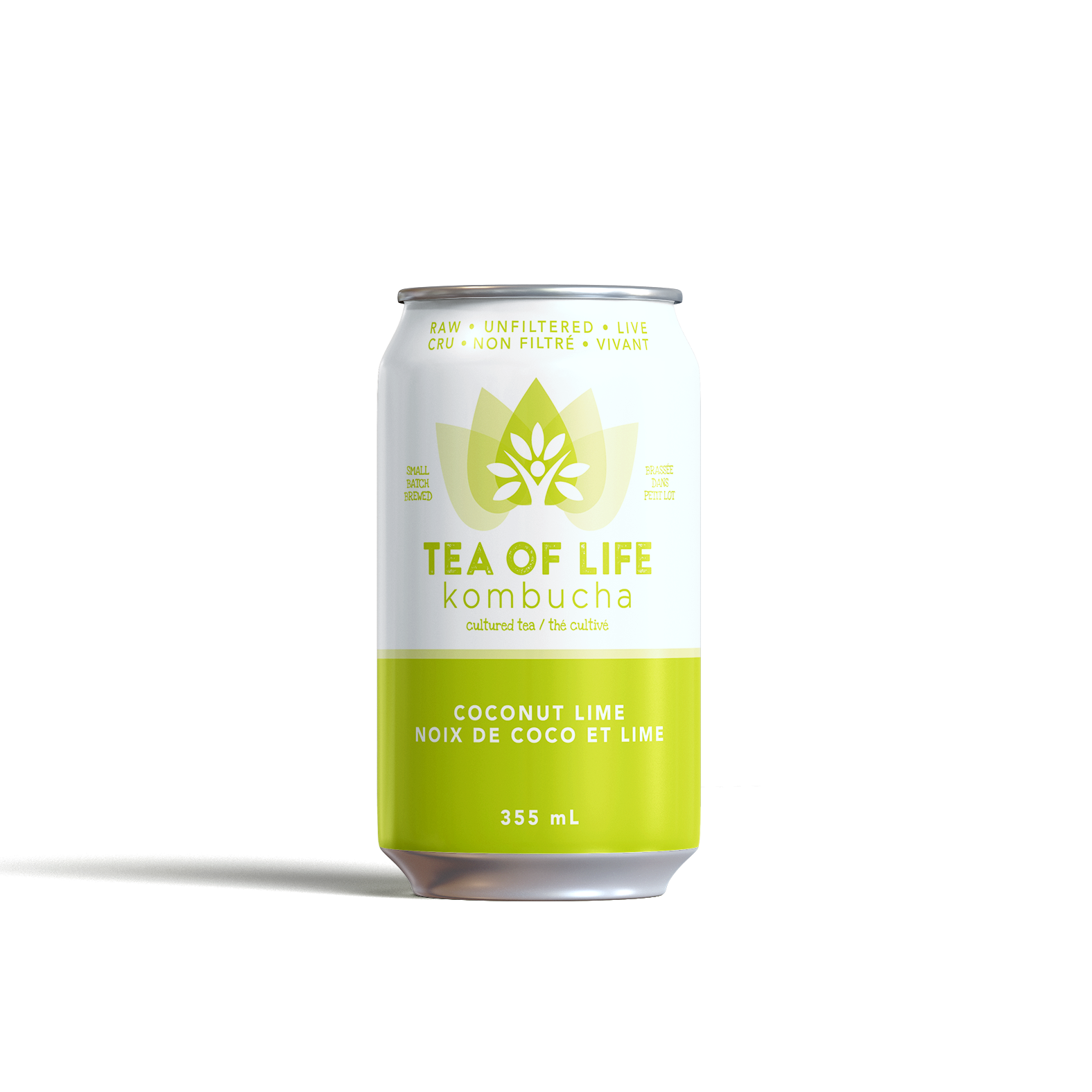 Tea of Life kombucha can on a white background