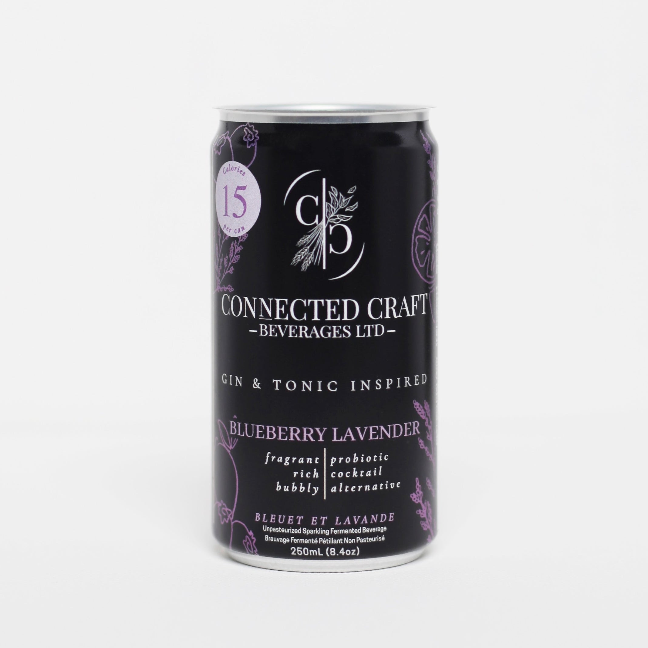 Connected Craft Beverages Blueberry Lavender kombucha, 250mL can (official product photo)