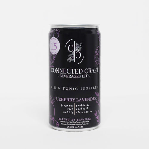 Connected Craft Beverages Blueberry Lavender kombucha, 250mL can (official product photo)