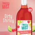Bottle of Twisted Mist Dirty Shirley with colorful label on a pink background