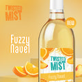 Bottle of Twisted Mist Fuzzy Navel with fruit slices on a yellow background