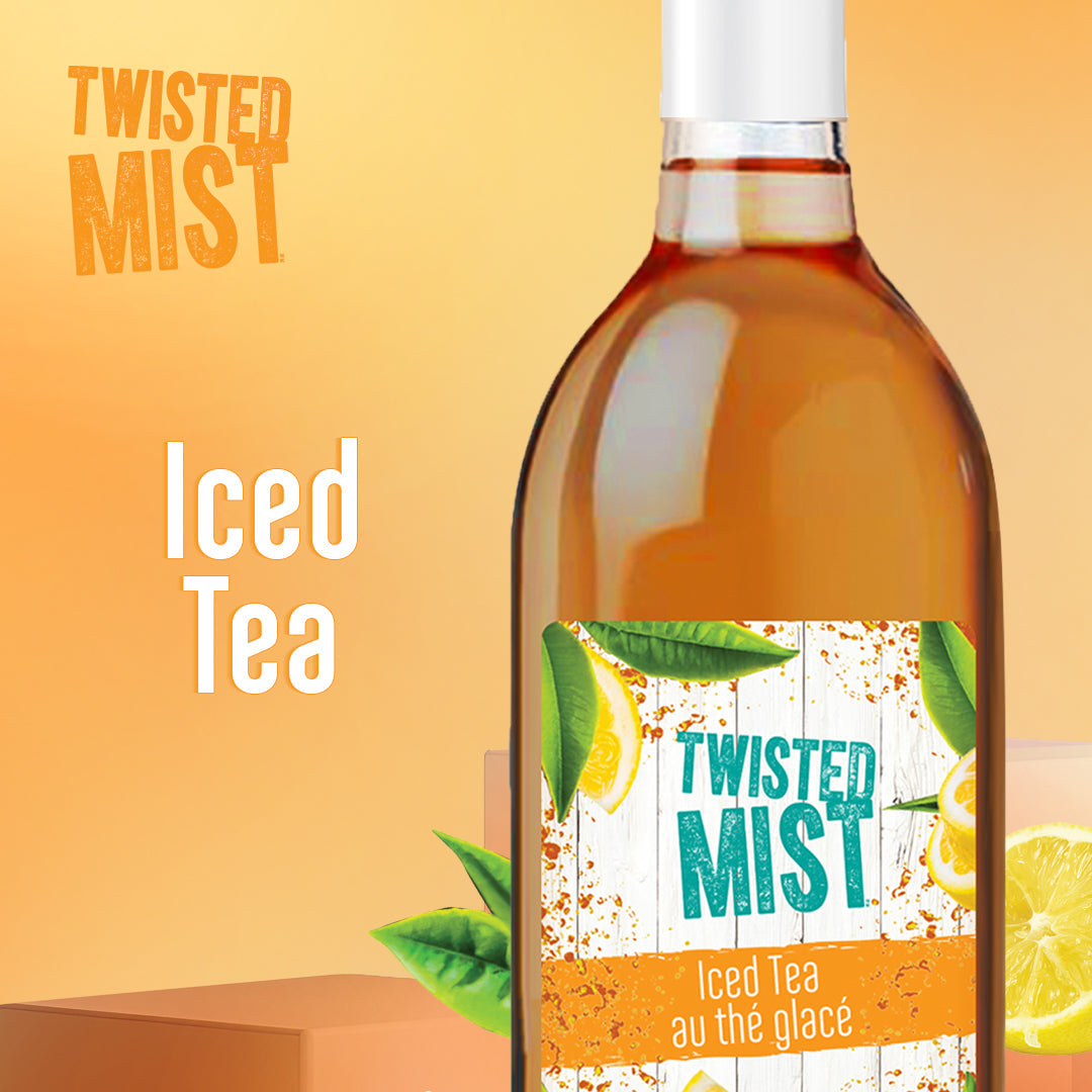 Twisted Mist iced tea bottle with lemon slices on a yellow background