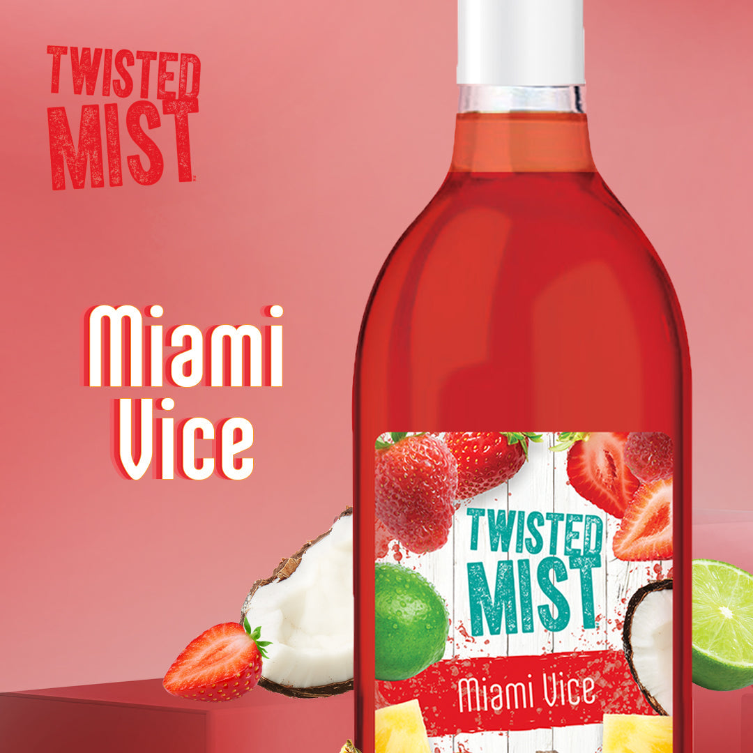 Twisted Mist Miami Vice bottle with fruit graphics on a pink background