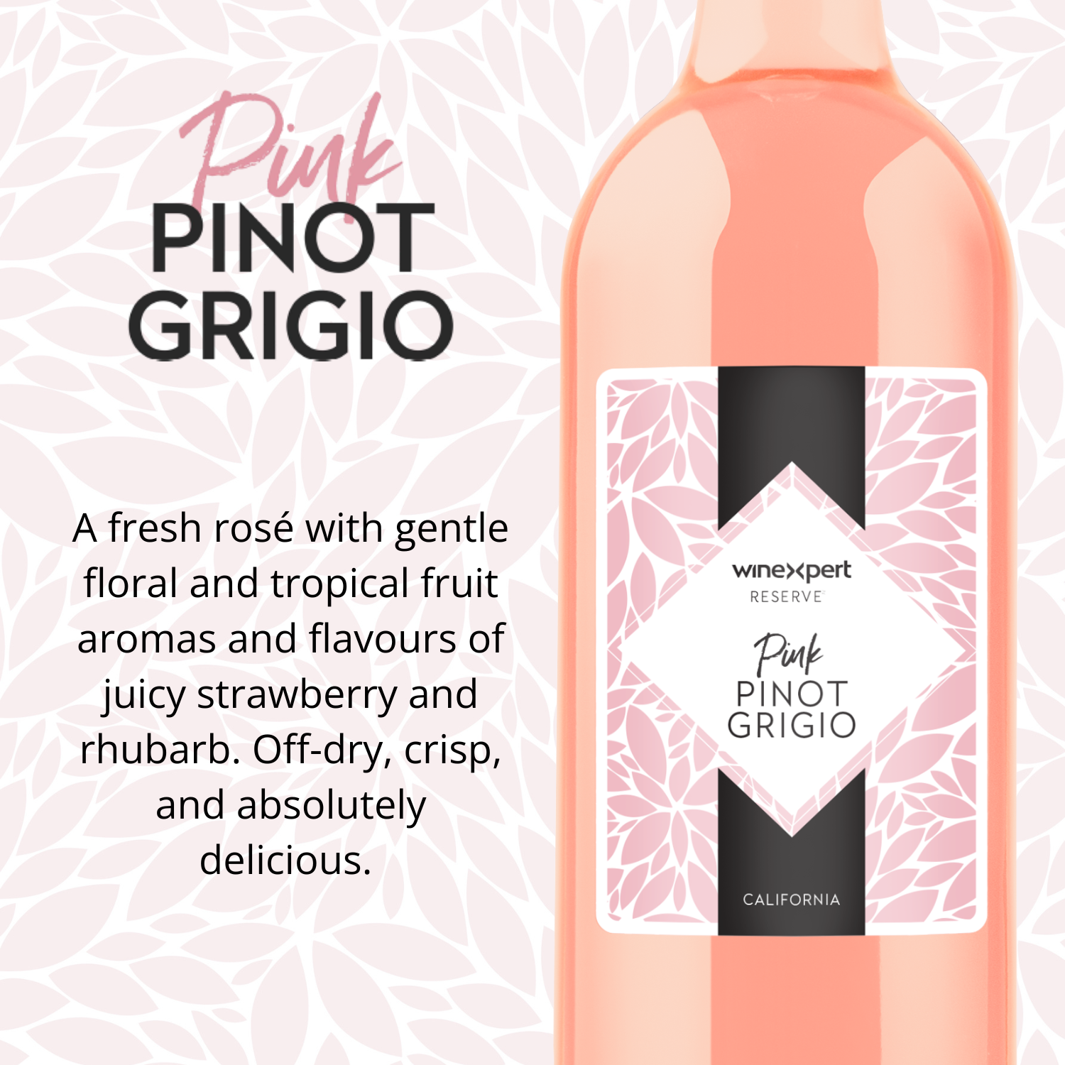 Bottle of Pink Pinot Grigio wine with descriptive text on a light pink background