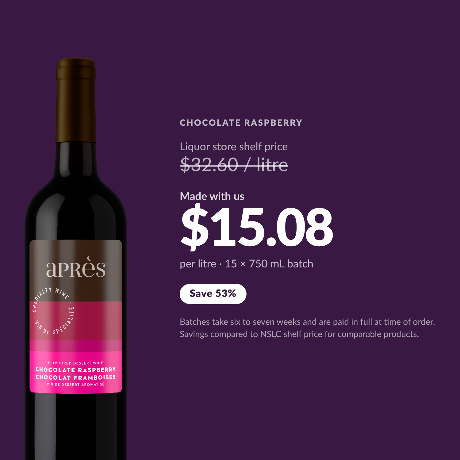 Apres Chocolate Raspberry Dessert Wine, price per litre and savings vs NSLC