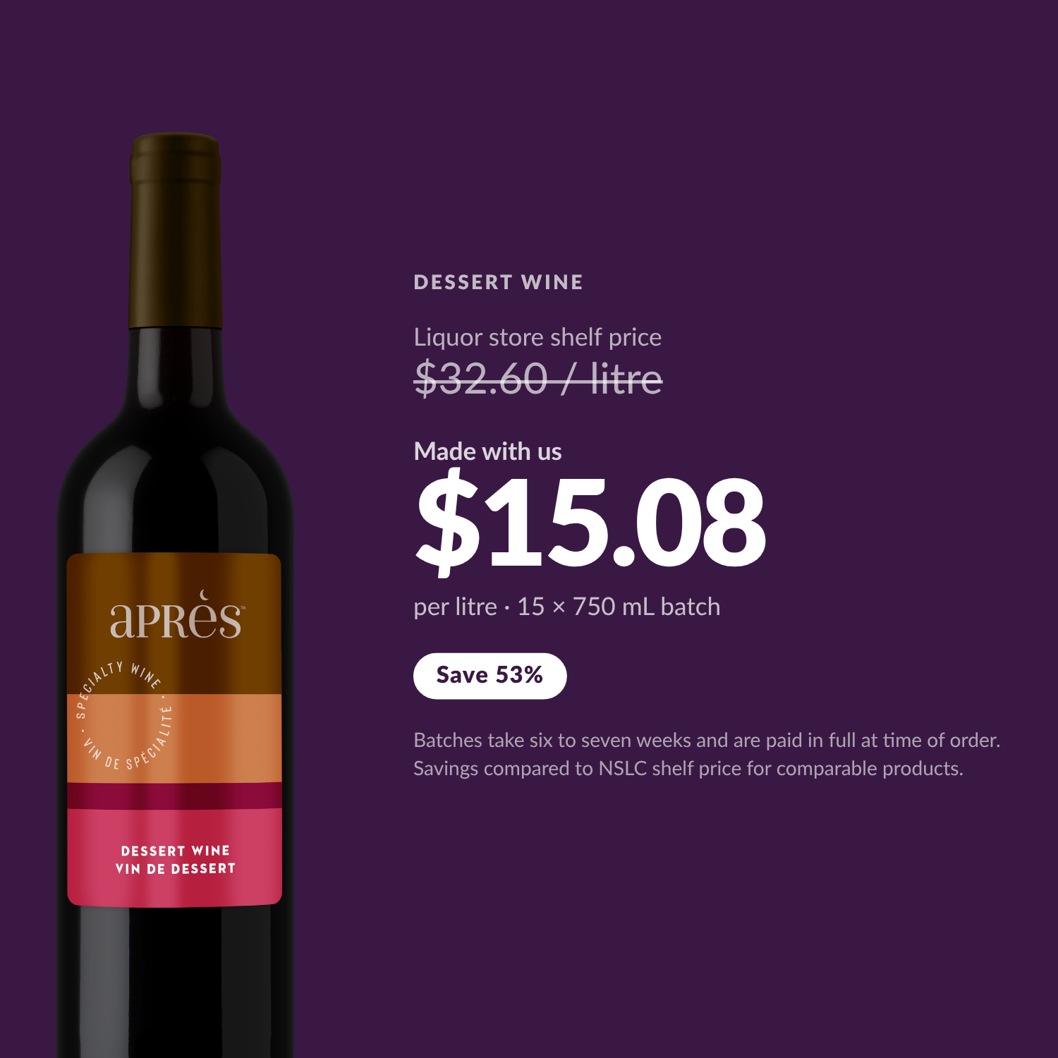 Apres Dessert Wine, price per litre and savings vs NSLC