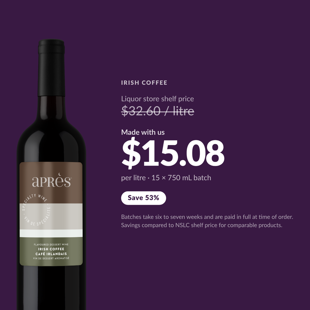 Apres Irish Coffee Dessert Wine, price per litre and savings vs NSLC