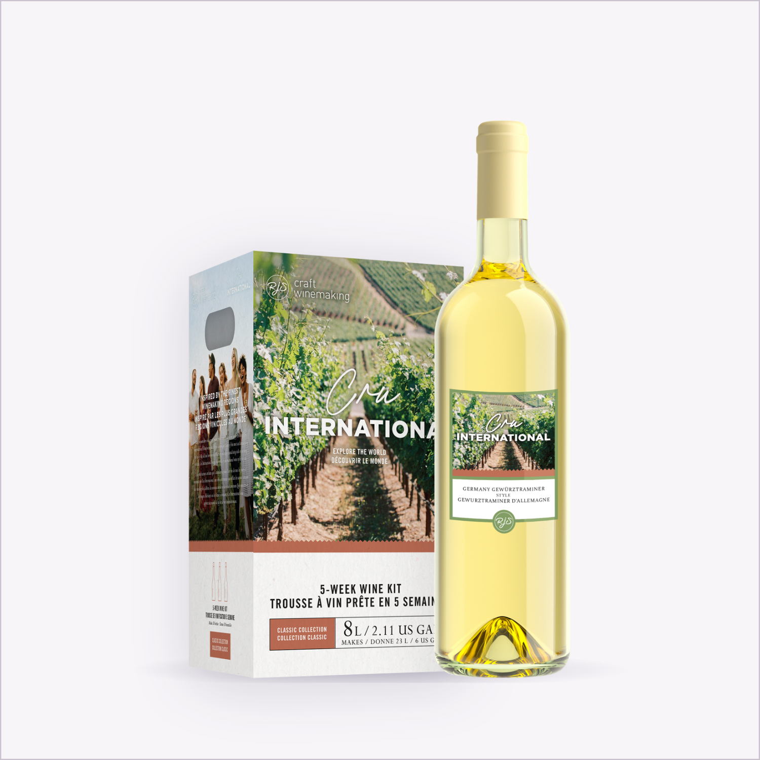Cru International Gewürztraminer — wine kit and bottle