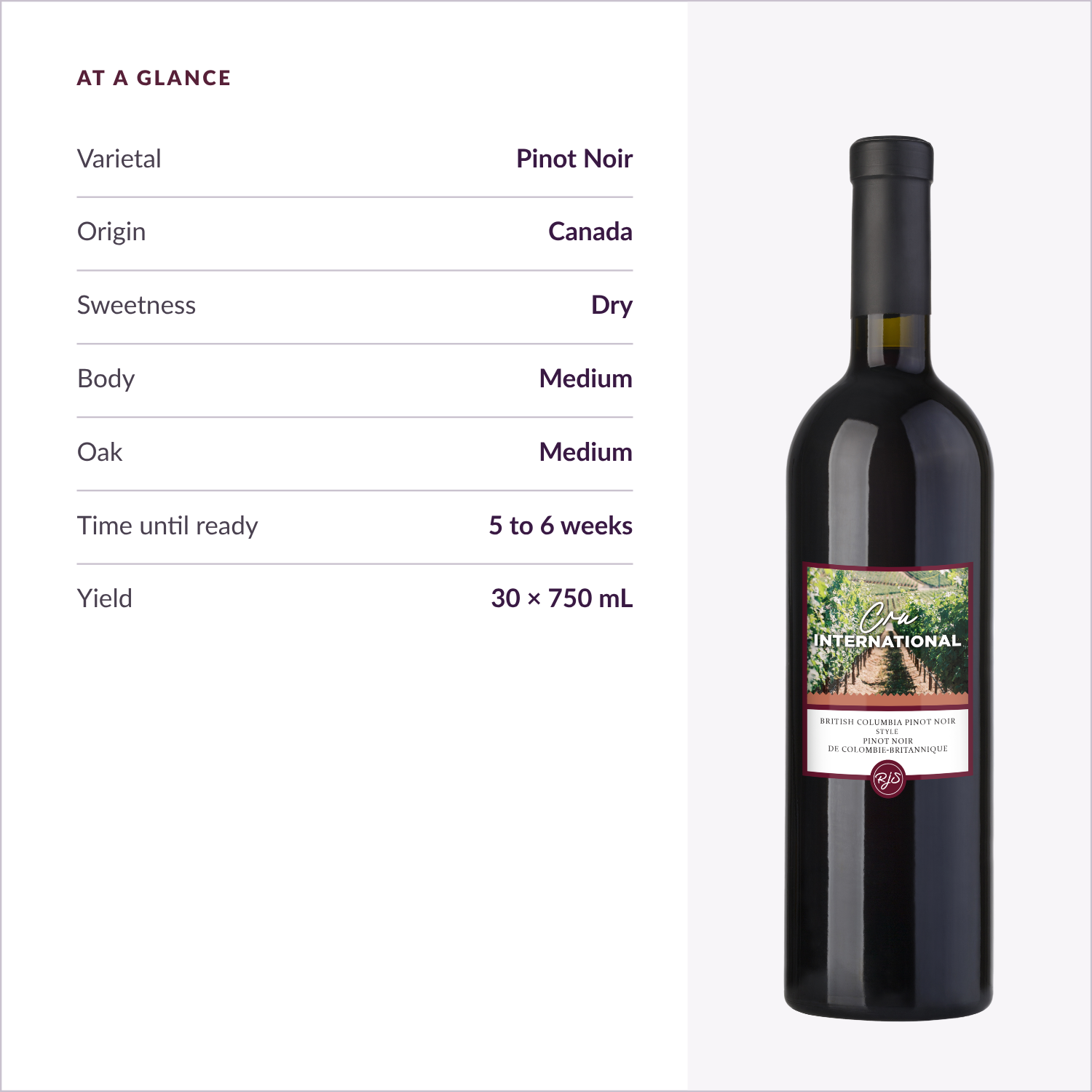 Cru International Pinot Noir — at a glance specs