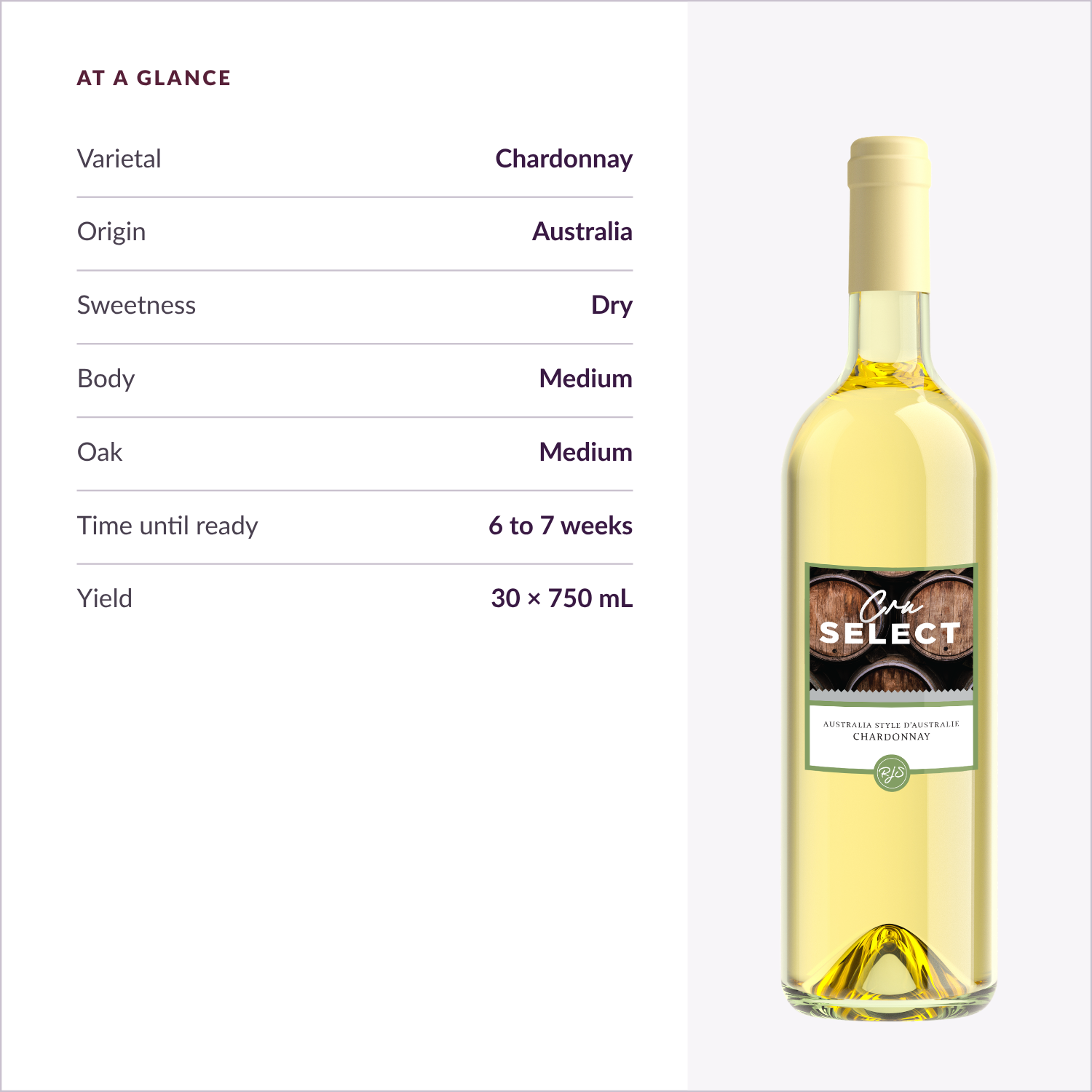 Cru Select Chardonnay at a glance — varietal, origin, sweetness, body, oak, time, yield
