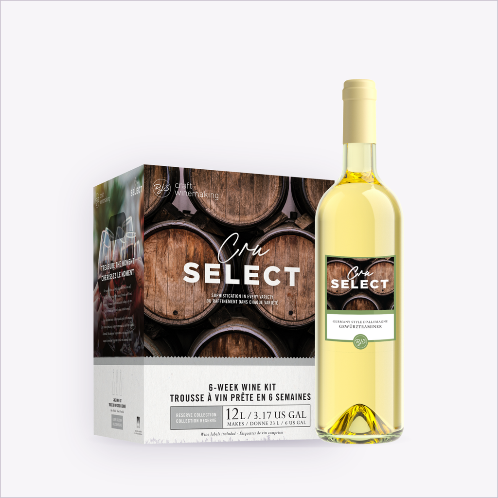 Cru Select Gewürztraminer wine kit box and finished bottle