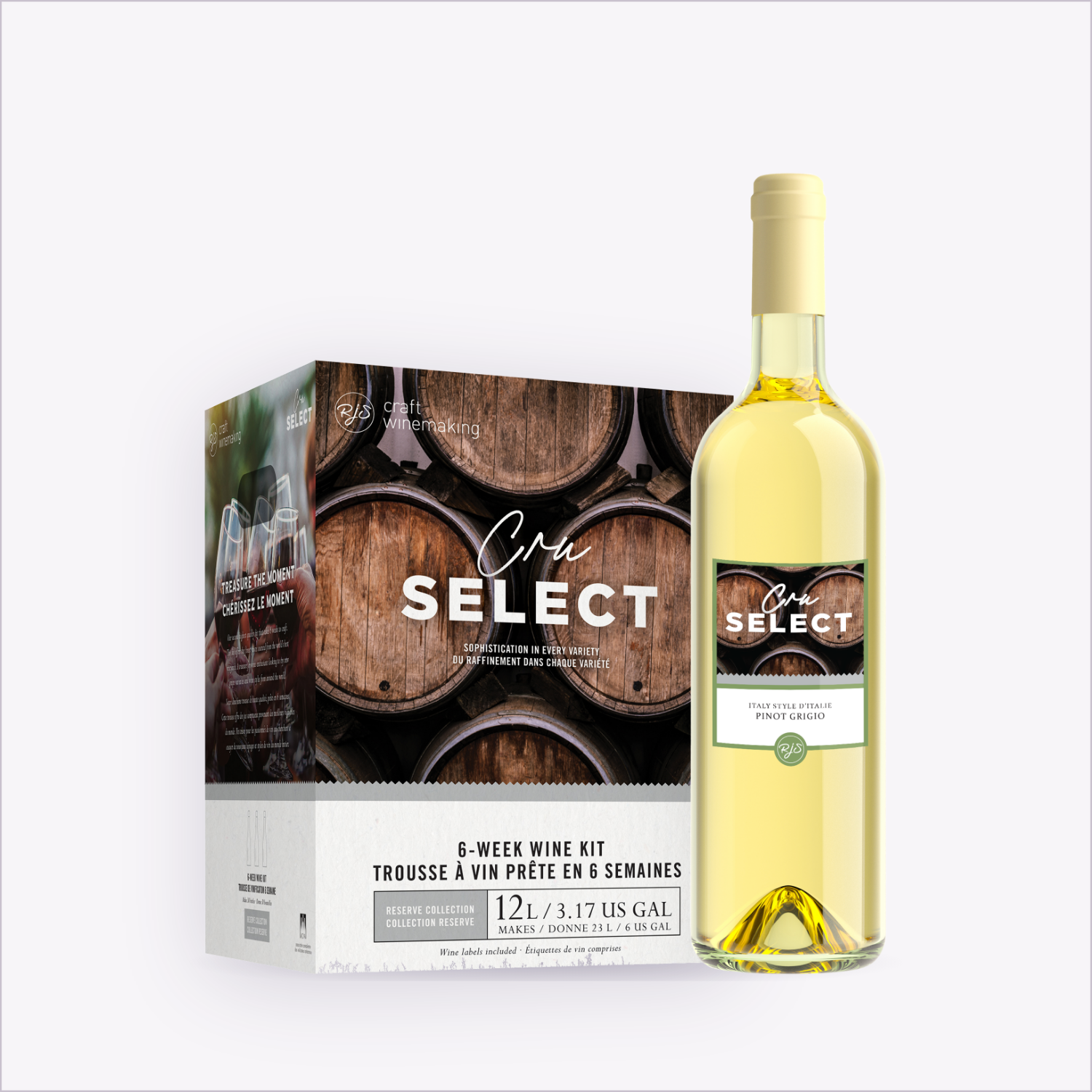 Cru Select Pinot Grigio wine kit box and finished bottle