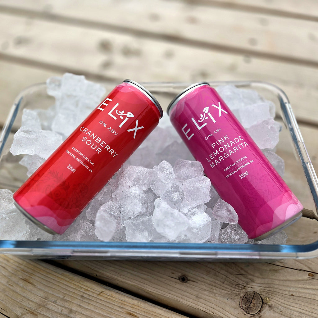 Elix Pink Lemonade Margarita and Cranberry Sour cans chilling on ice