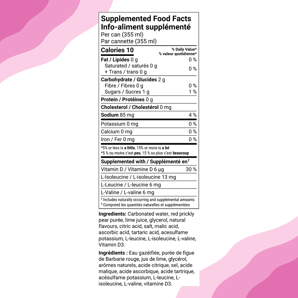 Elix Pink Lemonade Margarita Supplemented Food Facts table and ingredients, English and French