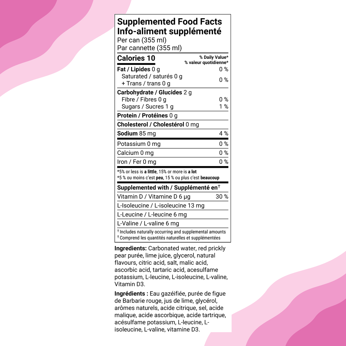 Elix Pink Lemonade Margarita Supplemented Food Facts table and ingredients, English and French