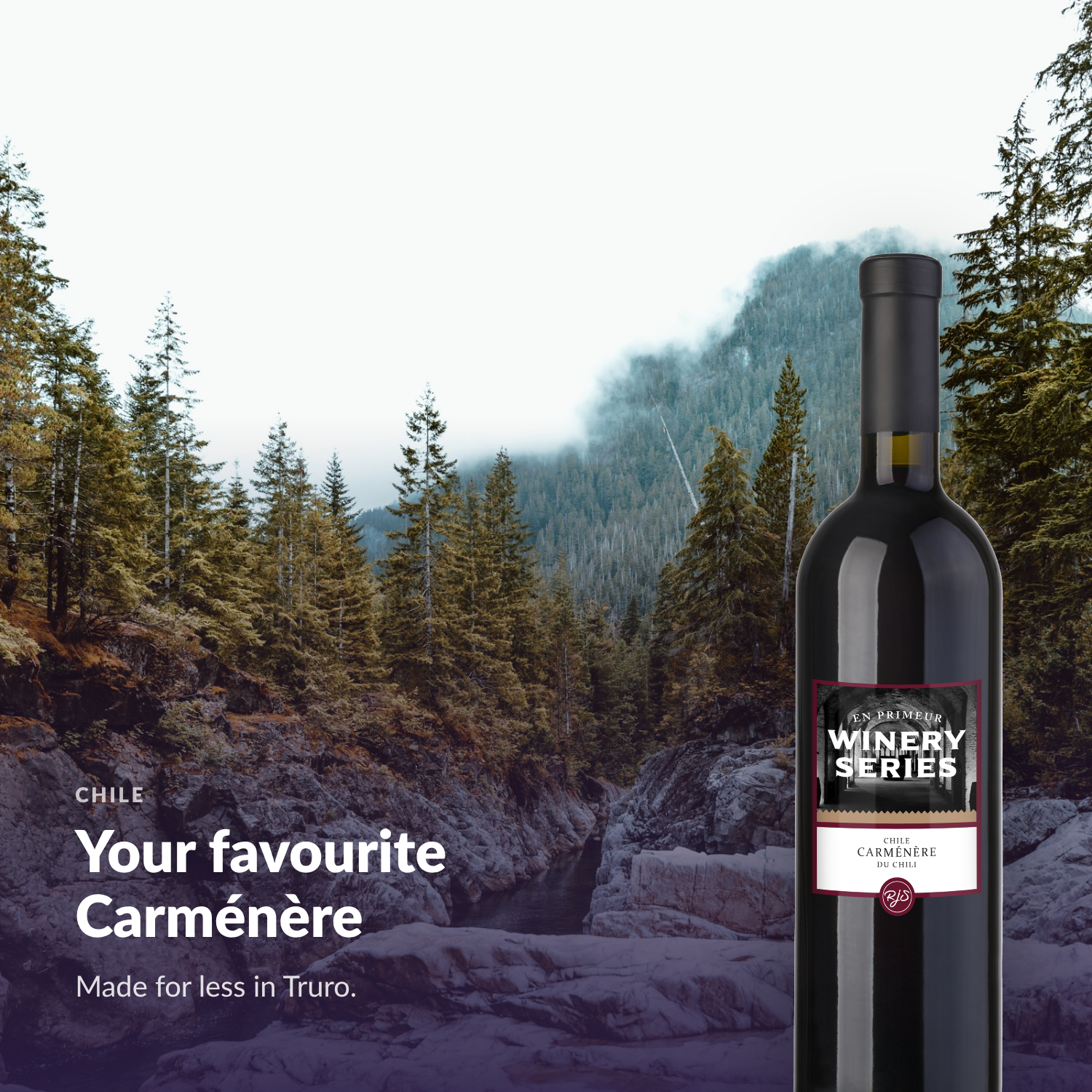 Bottle of En Primeur Winery Series Carménère in a warm Atlantic Canadian setting