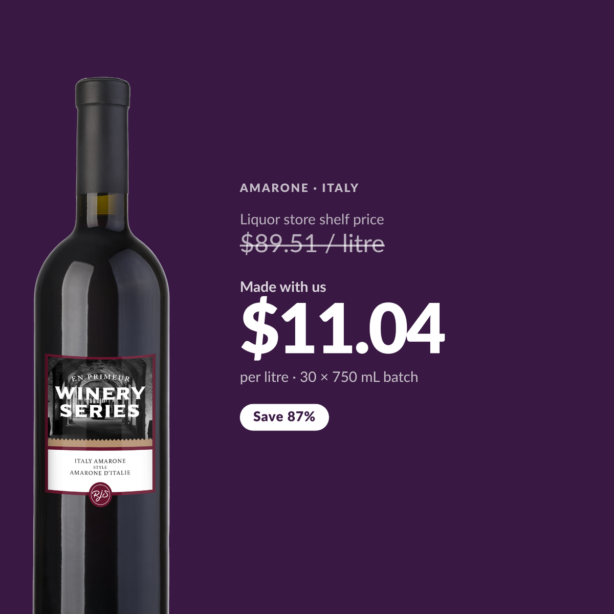 En Primeur Winery Series Amarone costs about $11.04 per litre made at Water'n'Wine, against a liquor store shelf price of $89.51 per litre - a saving of 87%