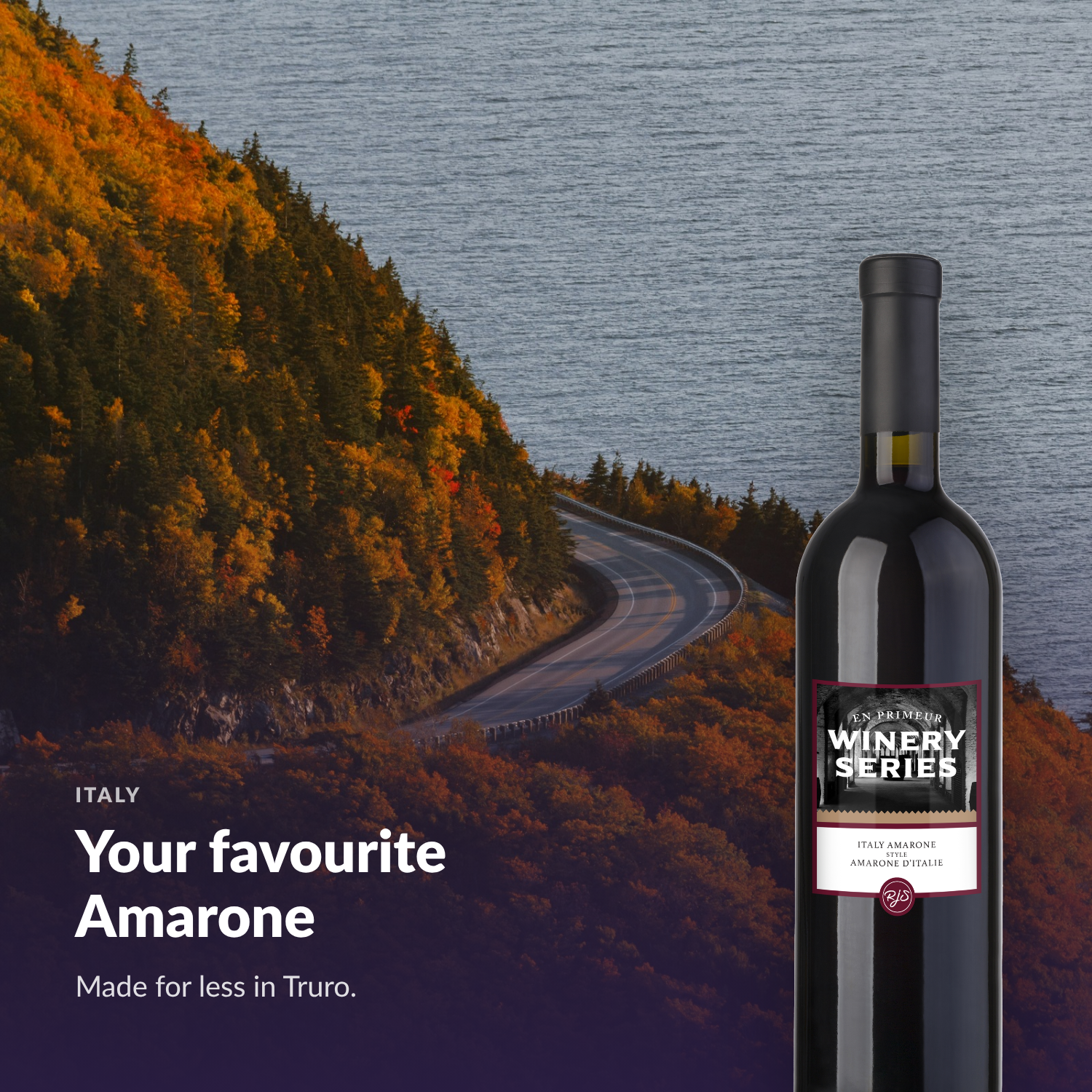 En Primeur Winery Series Amarone bottle against an Atlantic Canadian autumn landscape