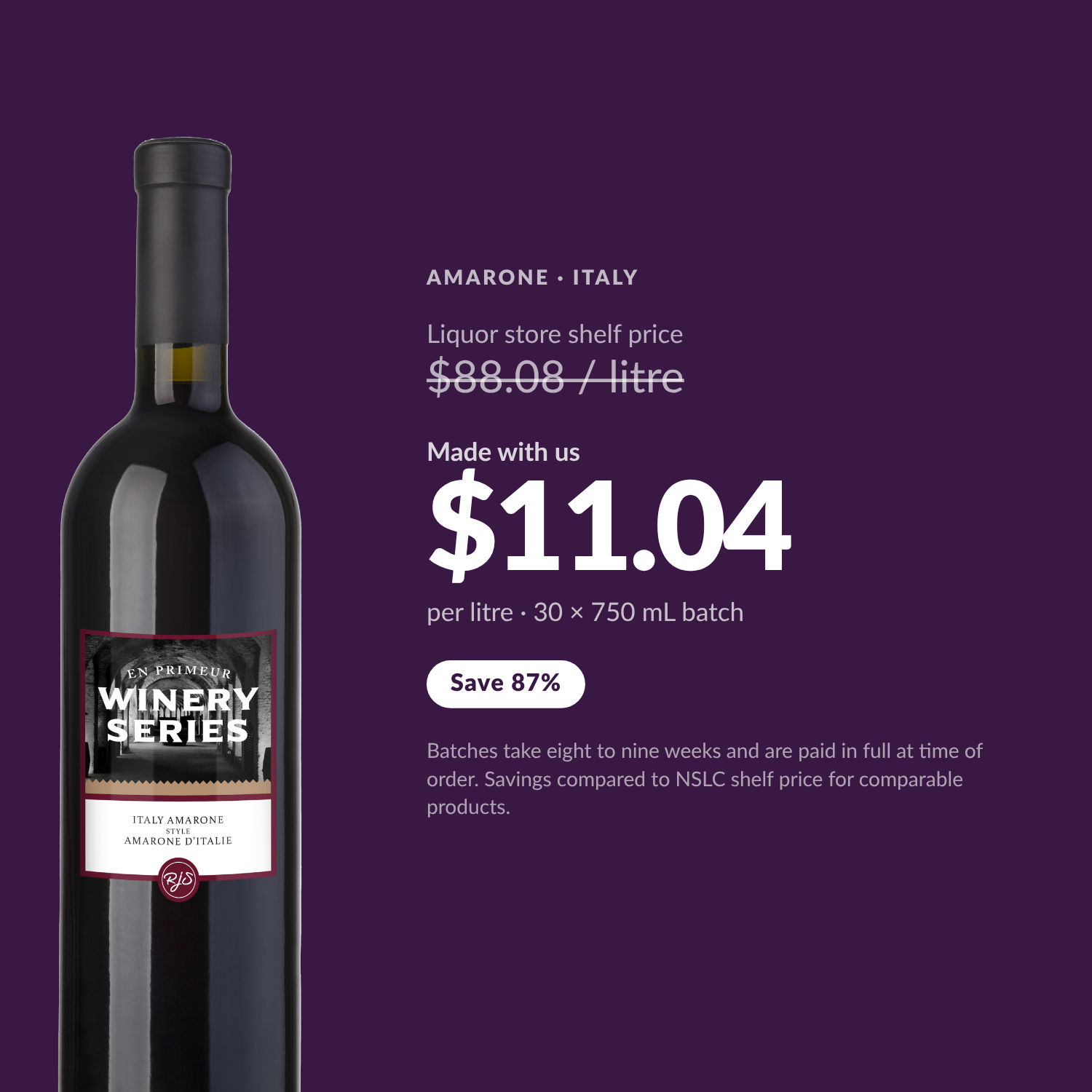 Amarone made with us: $11.04 per litre versus $88.08 liquor store shelf price, save 87%