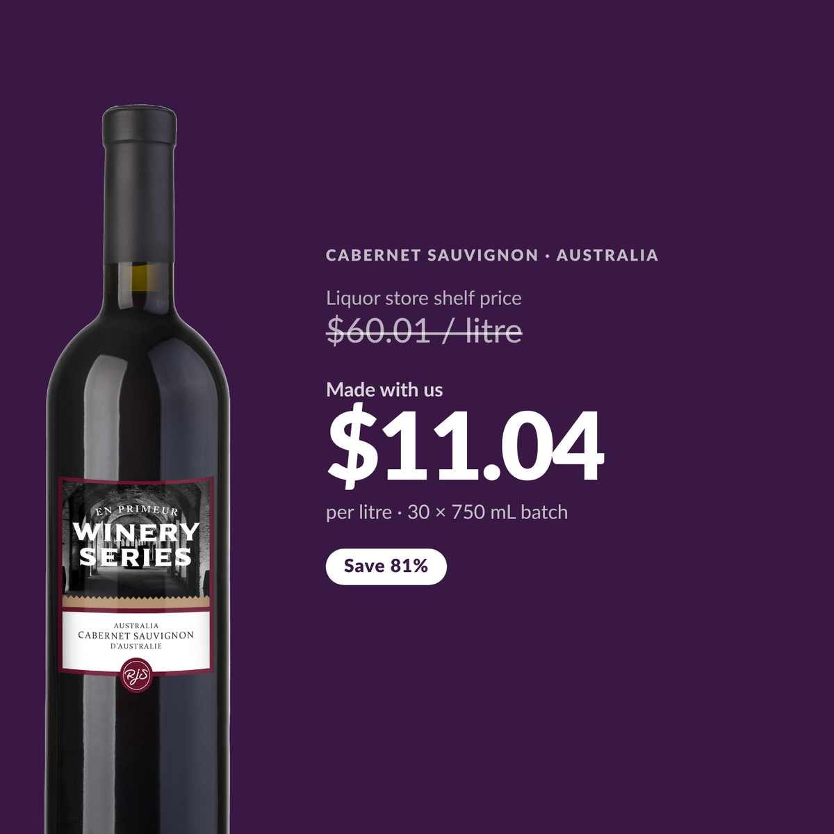 En Primeur Winery Series Cabernet Sauvignon costs about $11.04 per litre made at Water'n'Wine, against a liquor store shelf price of $60.01 per litre - a saving of 81%