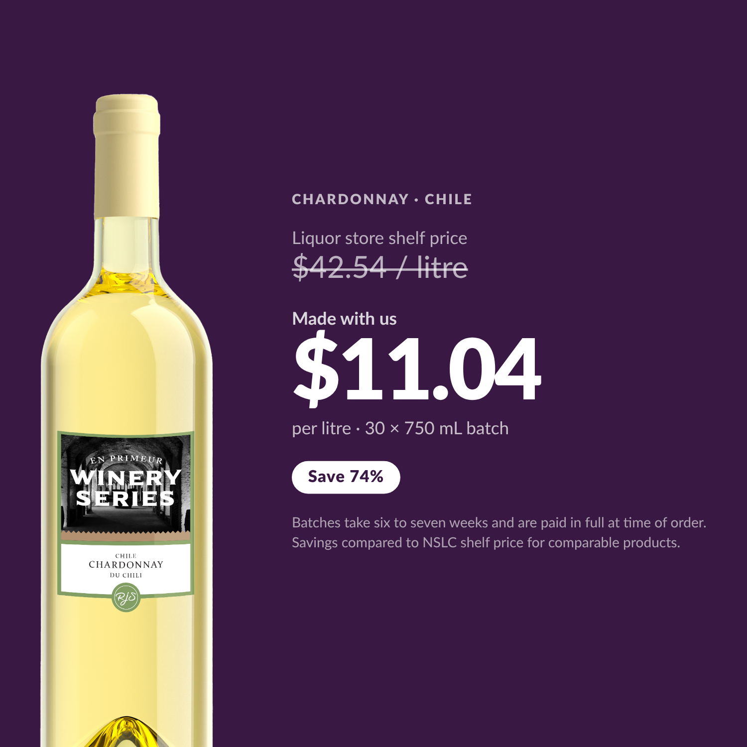Chardonnay made with us: $11.04 per litre versus $42.54 liquor store shelf price, save 74%