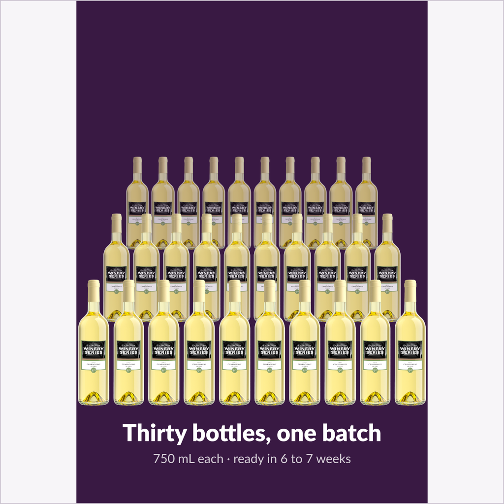 Thirty 750 mL bottles from one Chardonnay batch, ready in 6 to 7 weeks