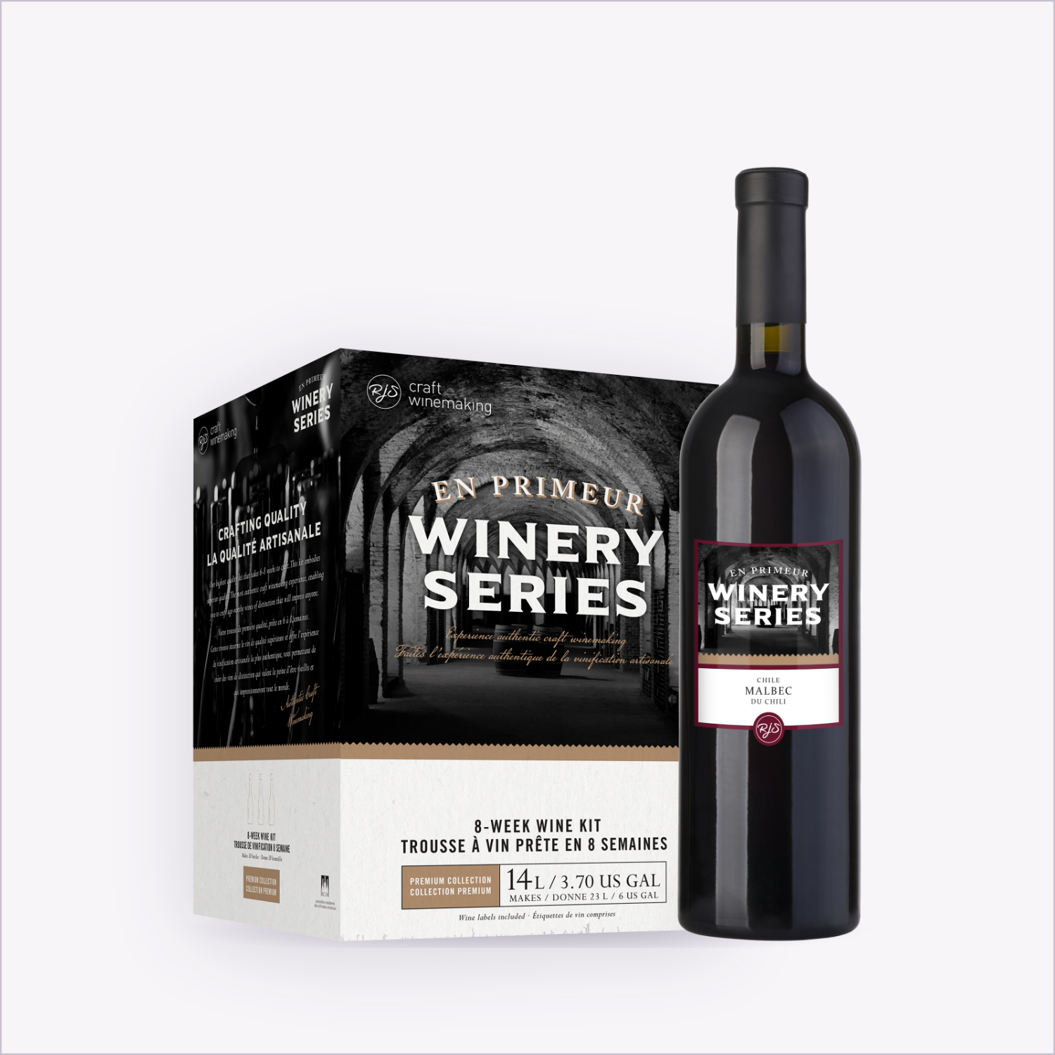 En Primeur Winery Series Malbec wine kit box beside a finished bottle of Malbec