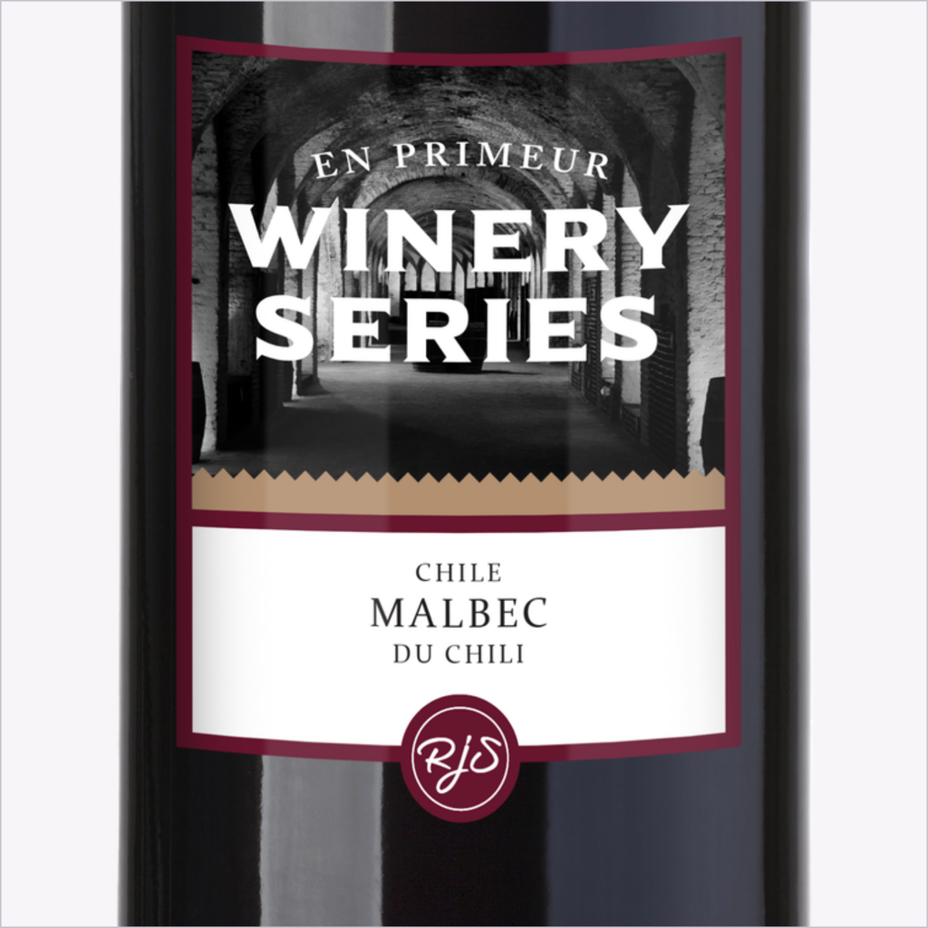 Close-up of the En Primeur Winery Series Chile Malbec bottle label