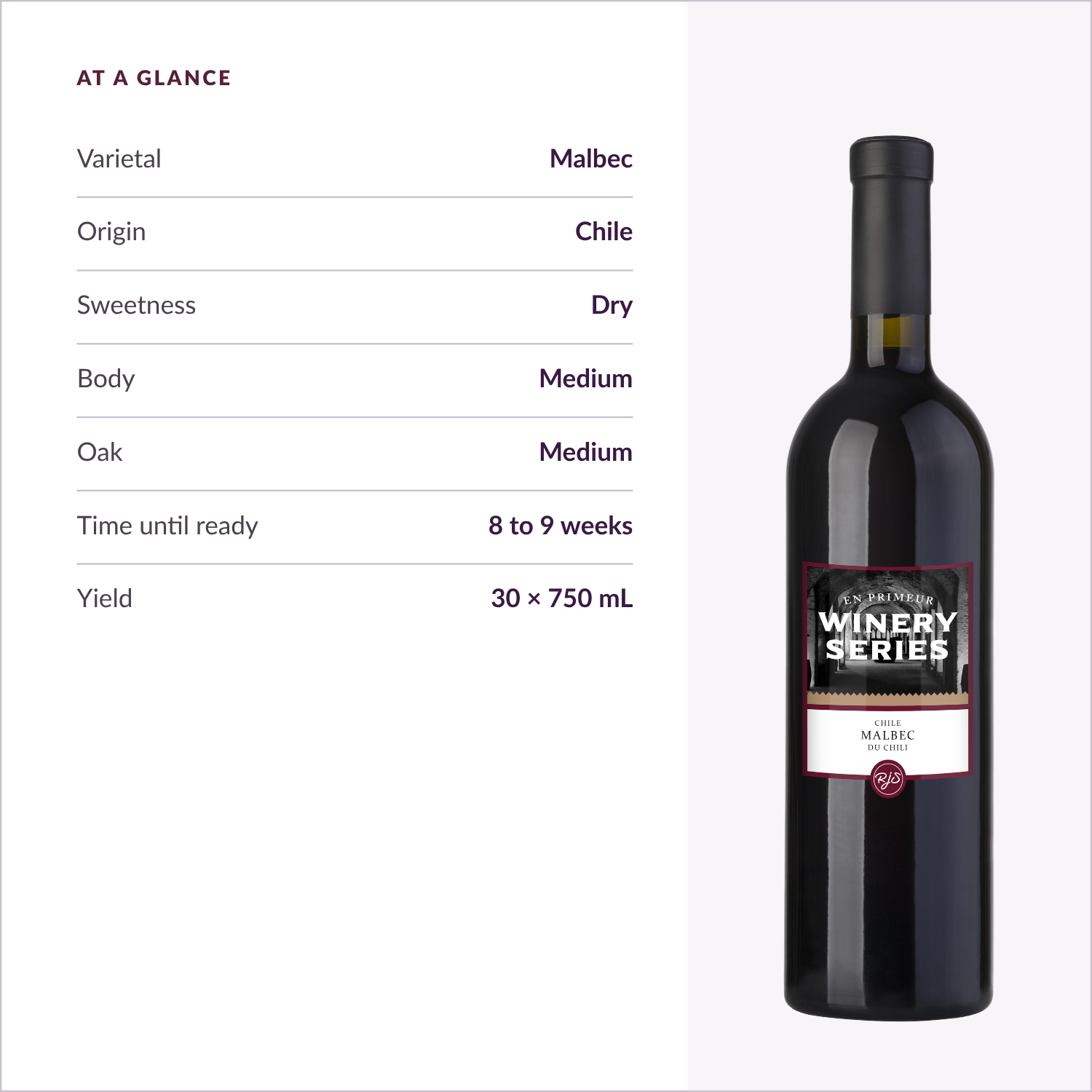 Spec card: Malbec, Chile, dry, medium body, medium oak, ready in 8 to 9 weeks, yields 30 x 750 mL