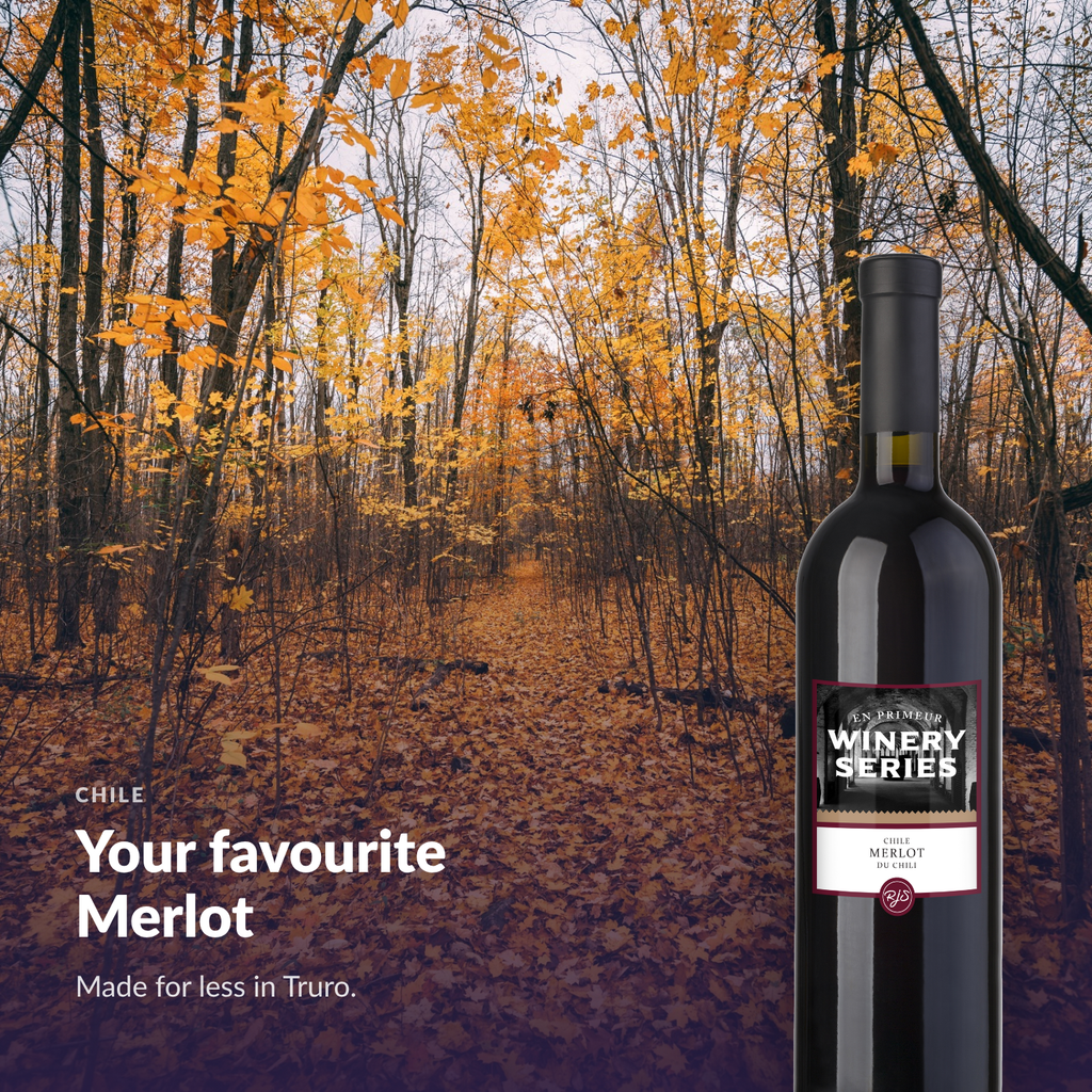 En Primeur Winery Series Merlot bottle against golden autumn foliage