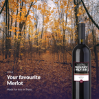 En Primeur Winery Series Merlot bottle against golden autumn foliage