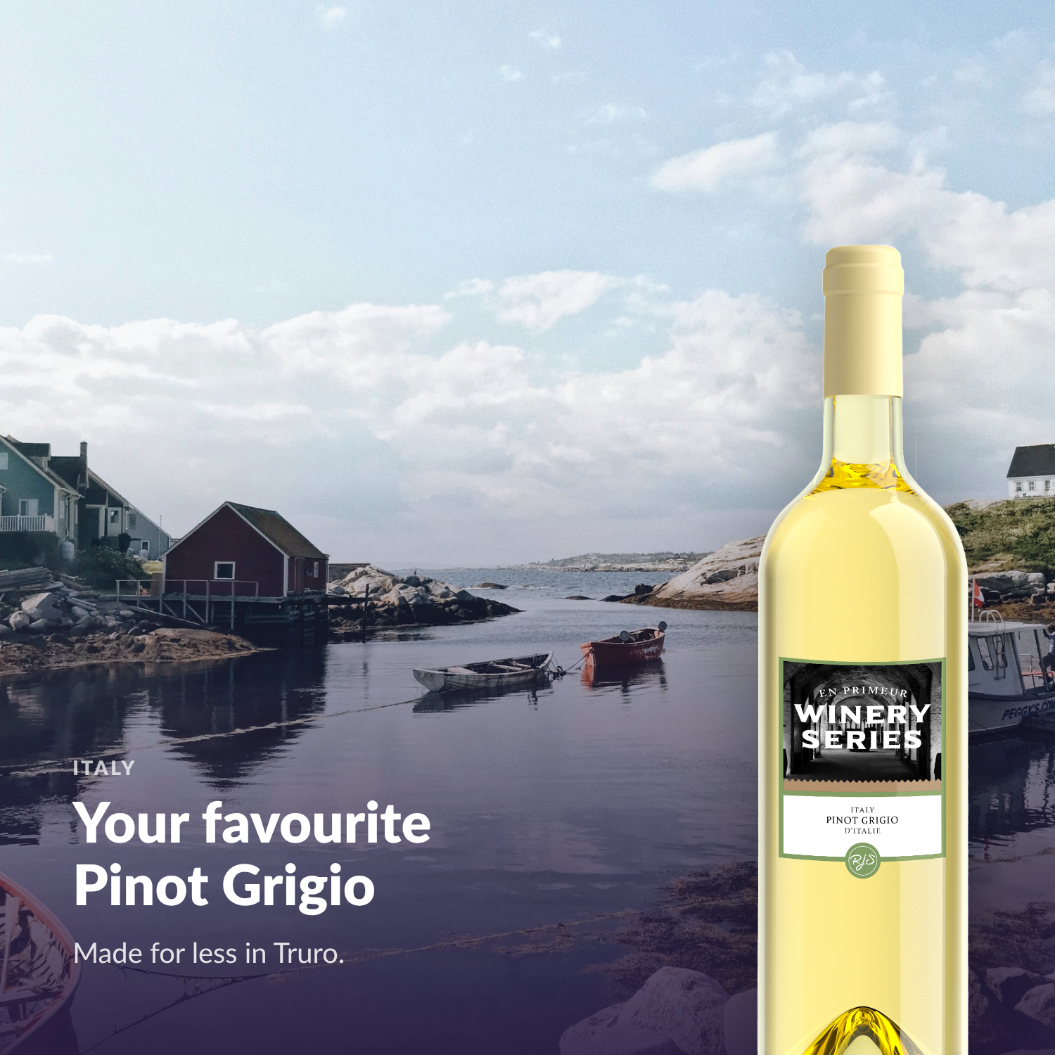 En Primeur Winery Series Pinot Grigio bottle against an Atlantic Canadian fishing cove
