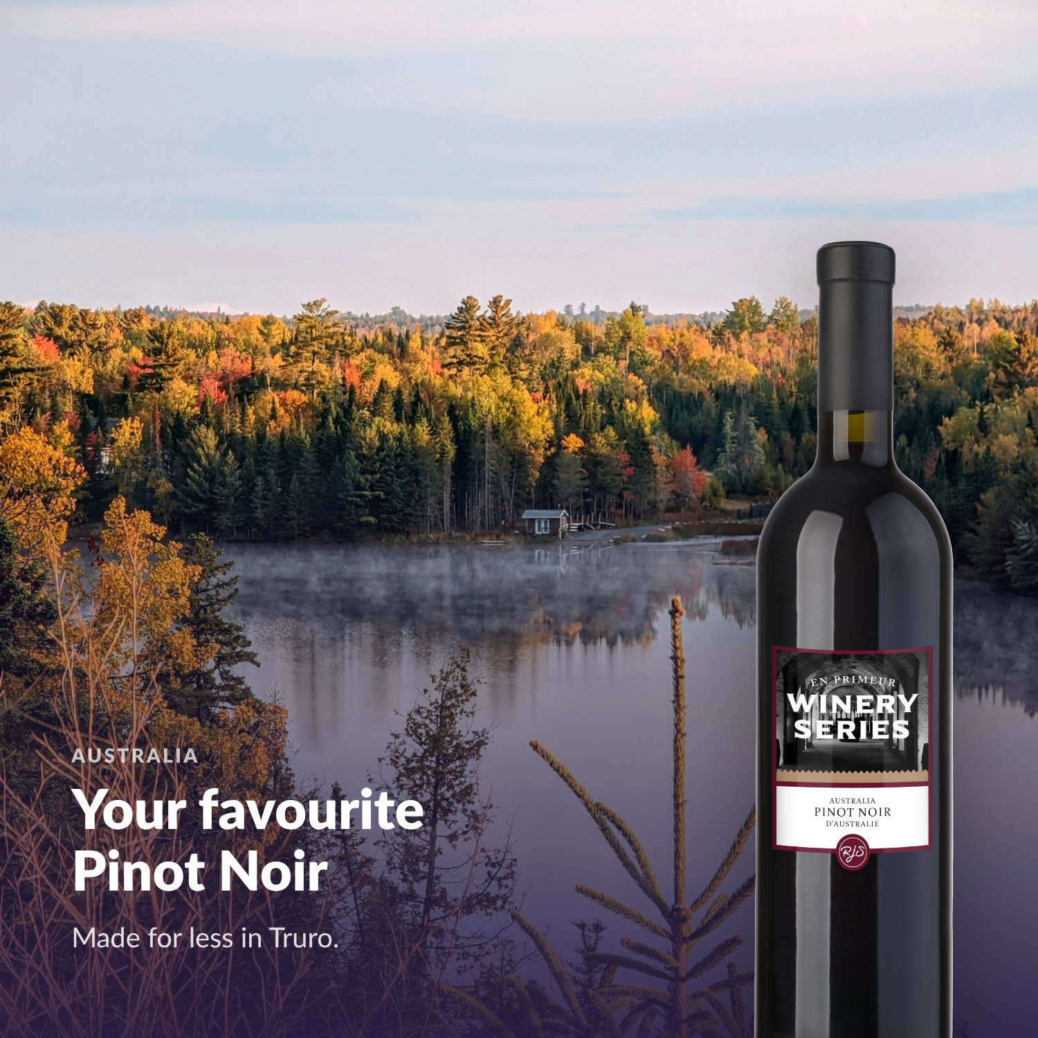 En Primeur Winery Series Pinot Noir bottle against an Atlantic Canadian autumn landscape