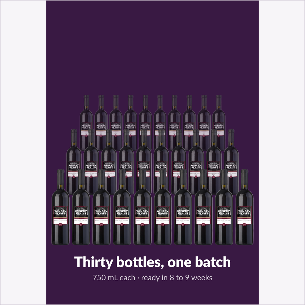 The full batch: 30 bottles of 750 mL Rosso Grande Eccellente produced by one wine kit