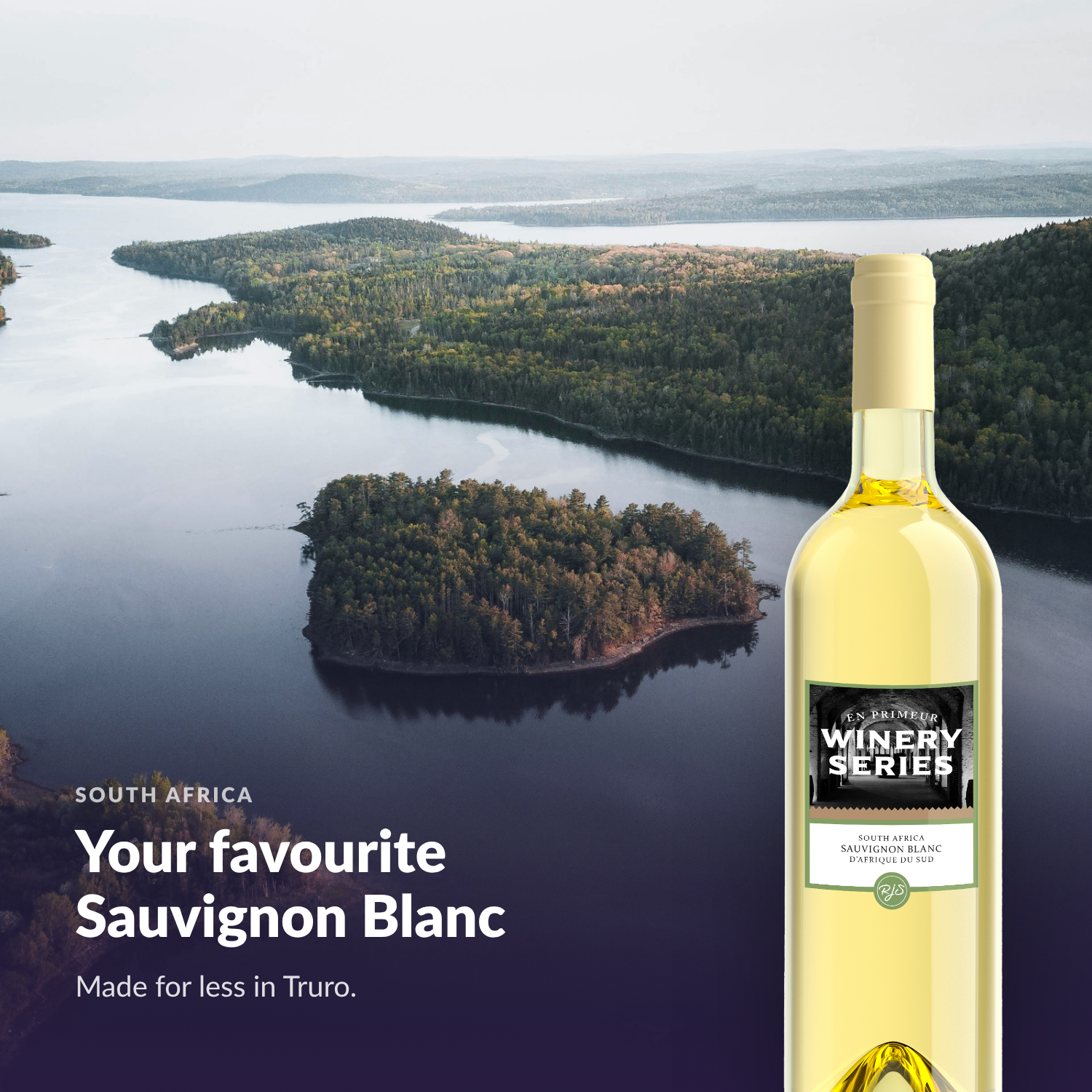 En Primeur Winery Series Sauvignon Blanc bottle against an Atlantic Canadian coastline