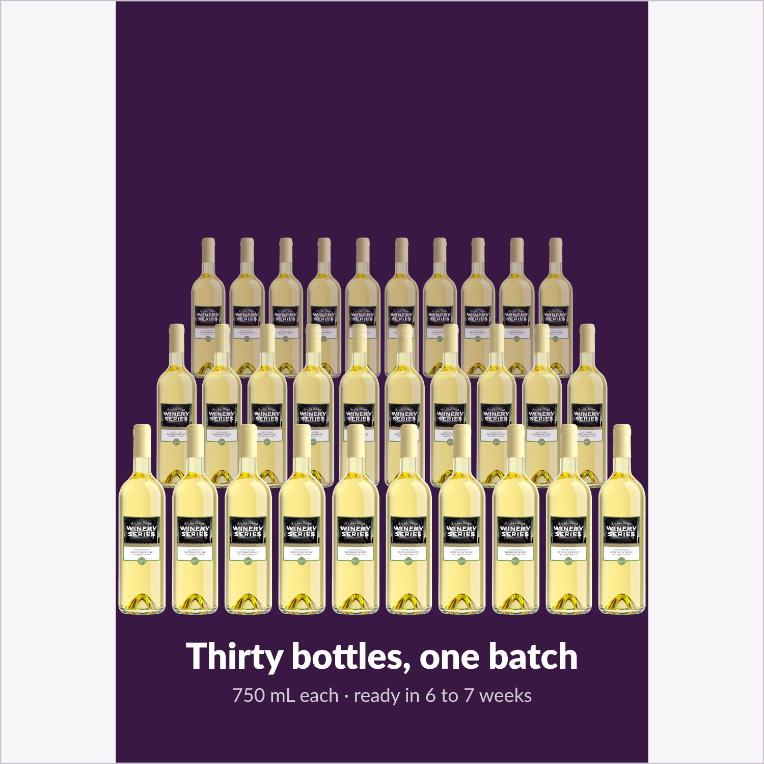 Thirty 750 mL bottles from one Sauvignon Blanc batch, ready in 6 to 7 weeks
