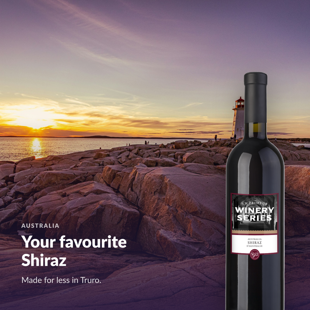 Bottle of En Primeur Winery Series Shiraz in an Atlantic Canadian setting