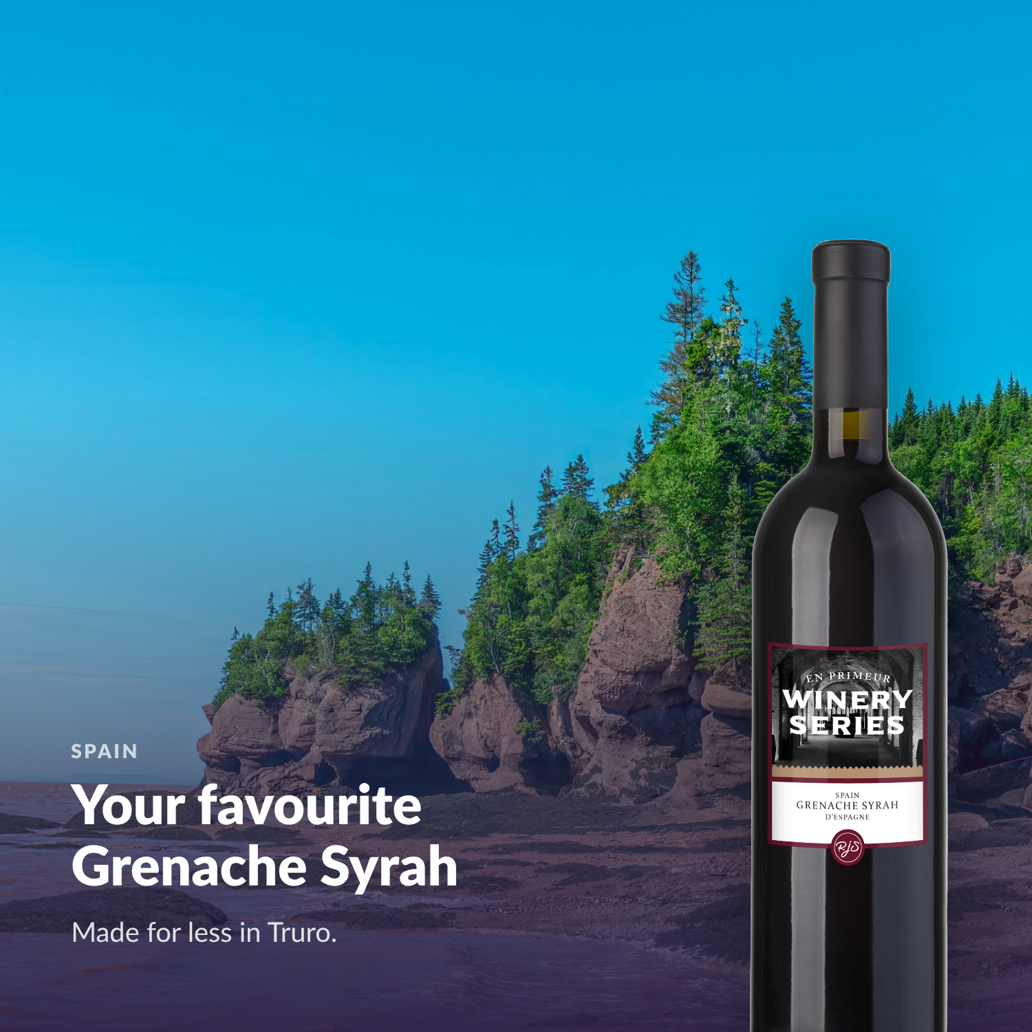 Bottle of En Primeur Winery Series Grenache Syrah in a warm Atlantic Canadian lifestyle setting