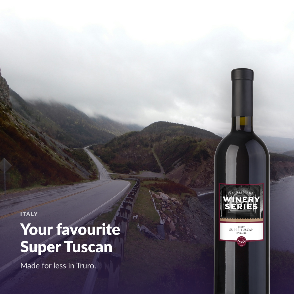 Bottle of En Primeur Winery Series Super Tuscan in a warm lifestyle setting, with the words Your favourite Super Tuscan, made for less in Truro