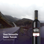 Bottle of En Primeur Winery Series Super Tuscan in a warm lifestyle setting, with the words Your favourite Super Tuscan, made for less in Truro