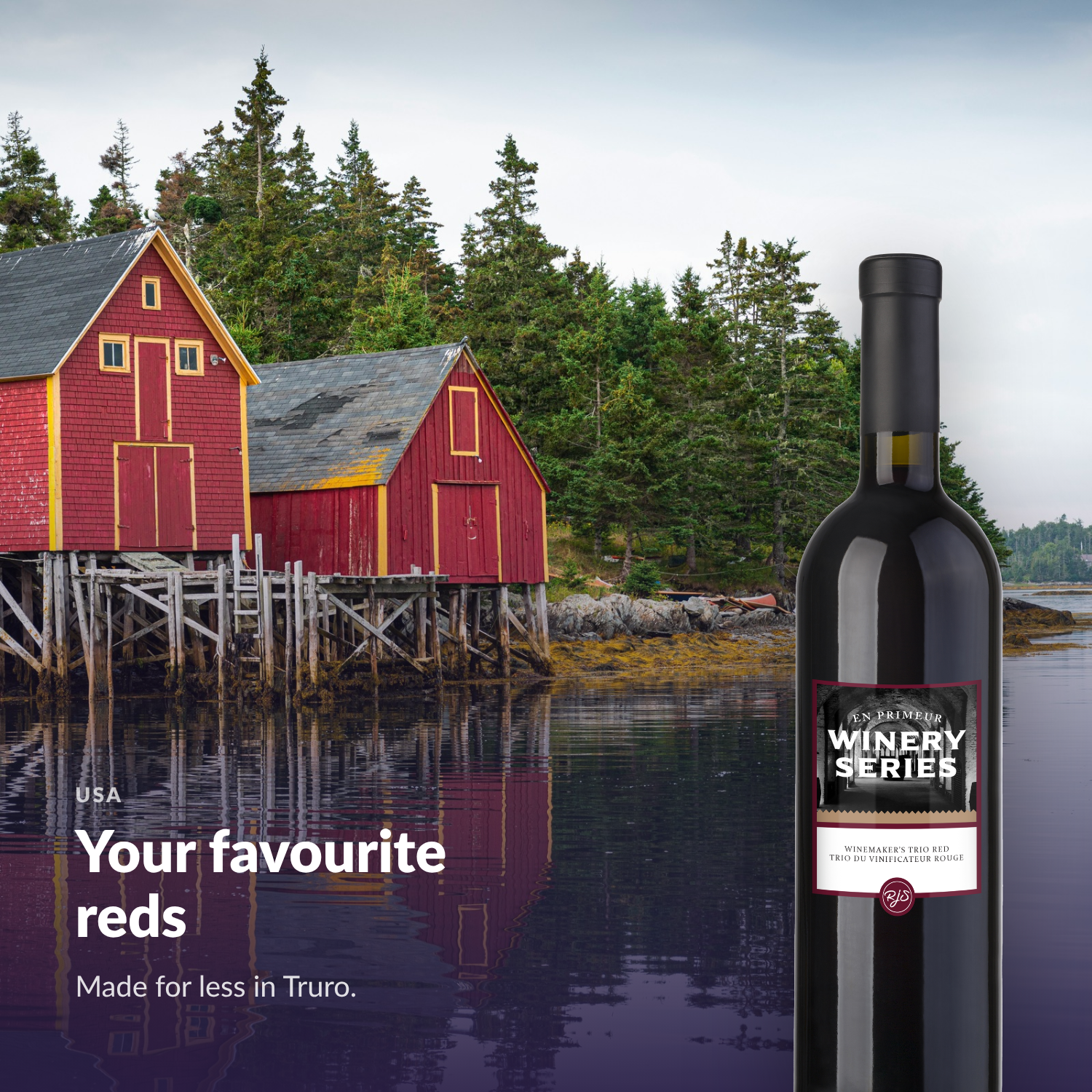 Bottle of En Primeur Winery Series Winemaker's Trio Red in a warm Atlantic Canadian setting, with the headline Your favourite reds, made for less in Truro
