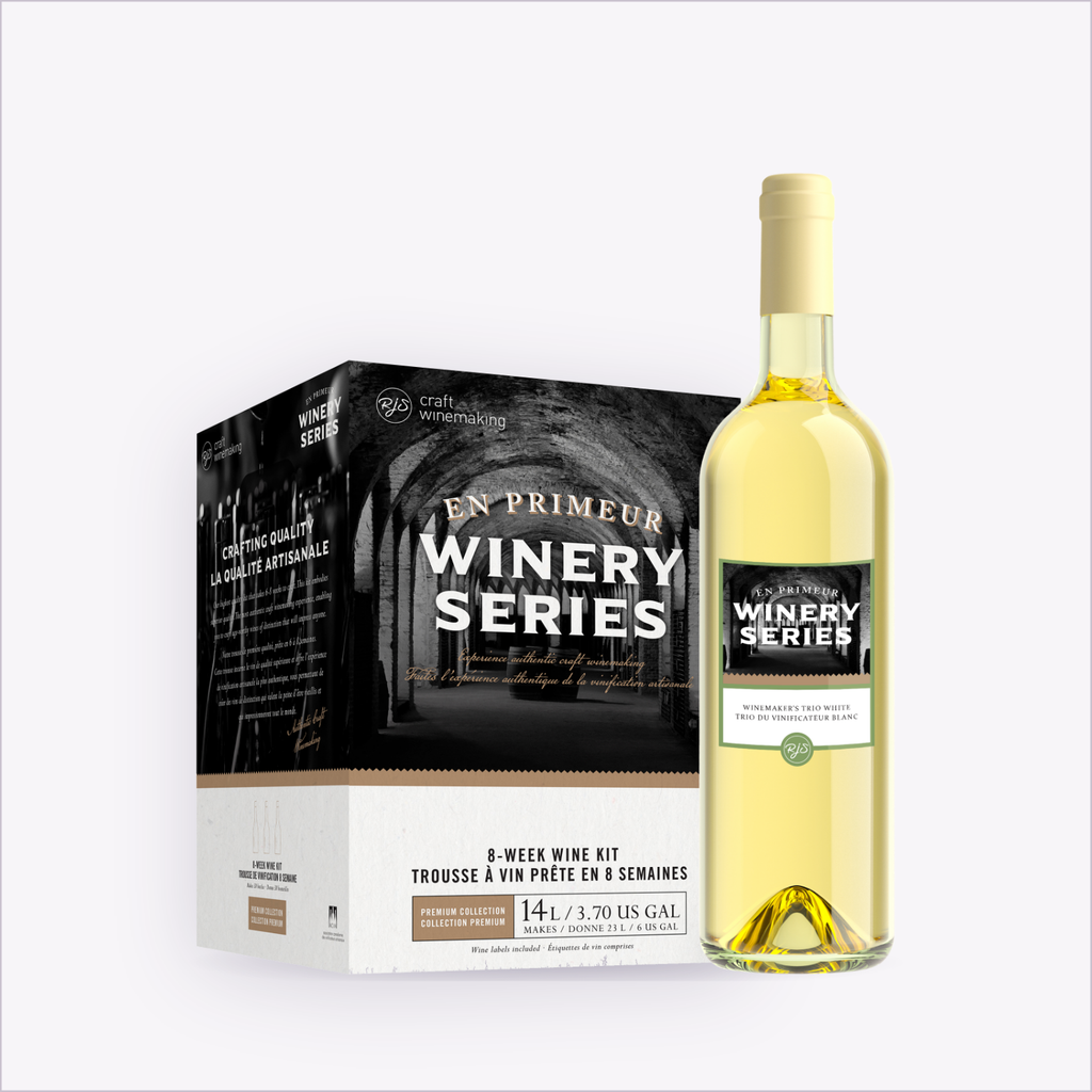 En Primeur Winery Series Winemaker's Trio White wine kit box with a finished bottle