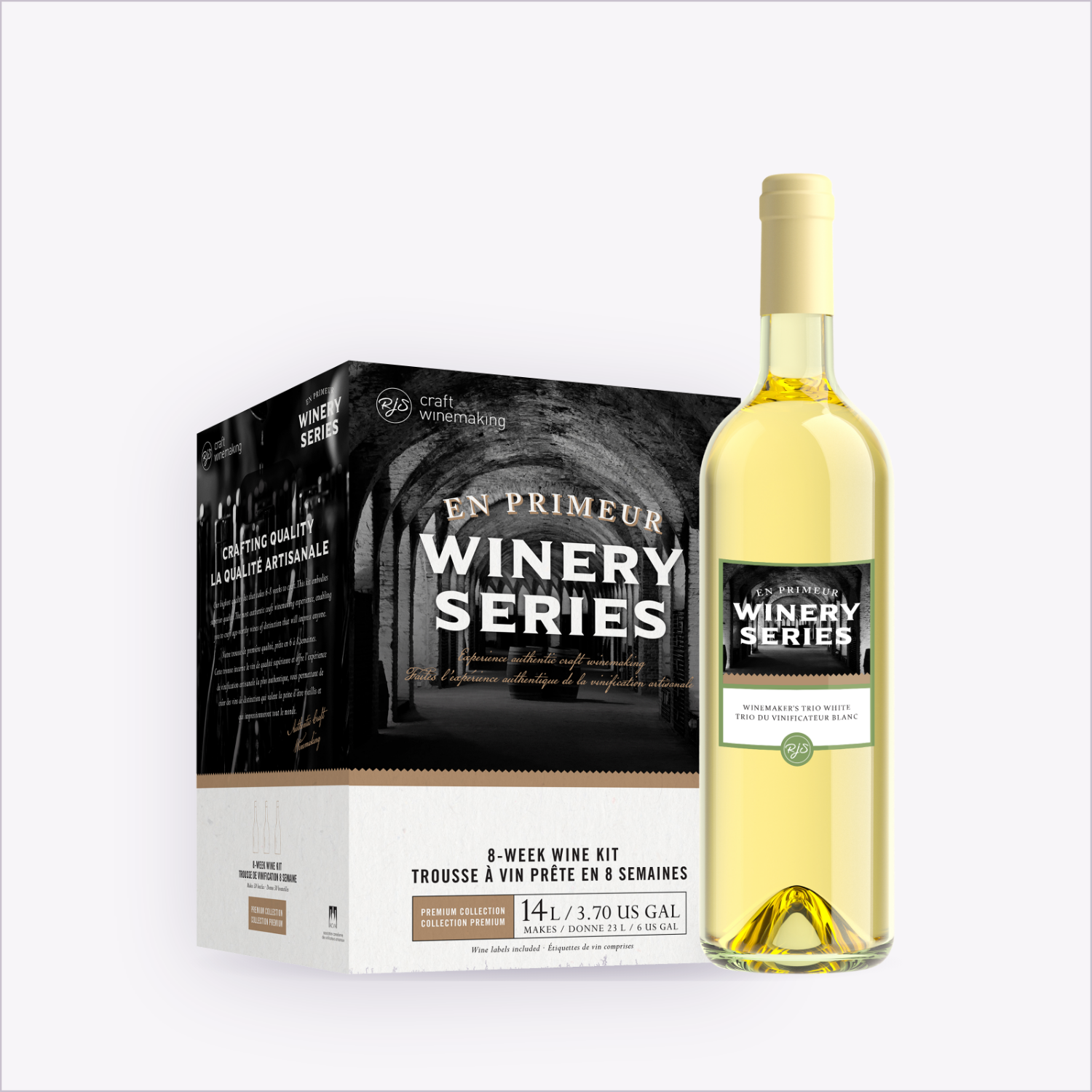 En Primeur Winery Series Winemaker's Trio White wine kit box with a finished bottle