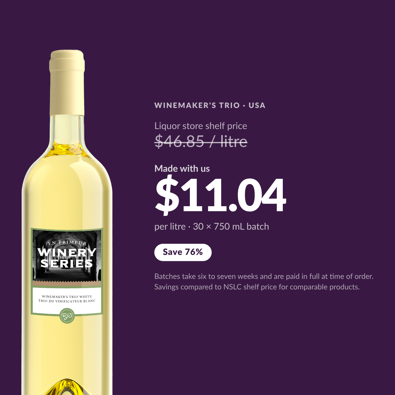 Winemaker's Trio White made with us: $11.04 per litre versus $46.85 liquor store shelf price, save 76%