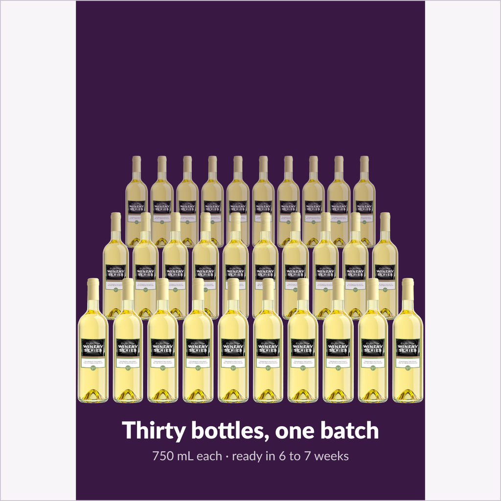 Thirty 750 mL bottles from one Winemaker's Trio White batch, ready in 6 to 7 weeks