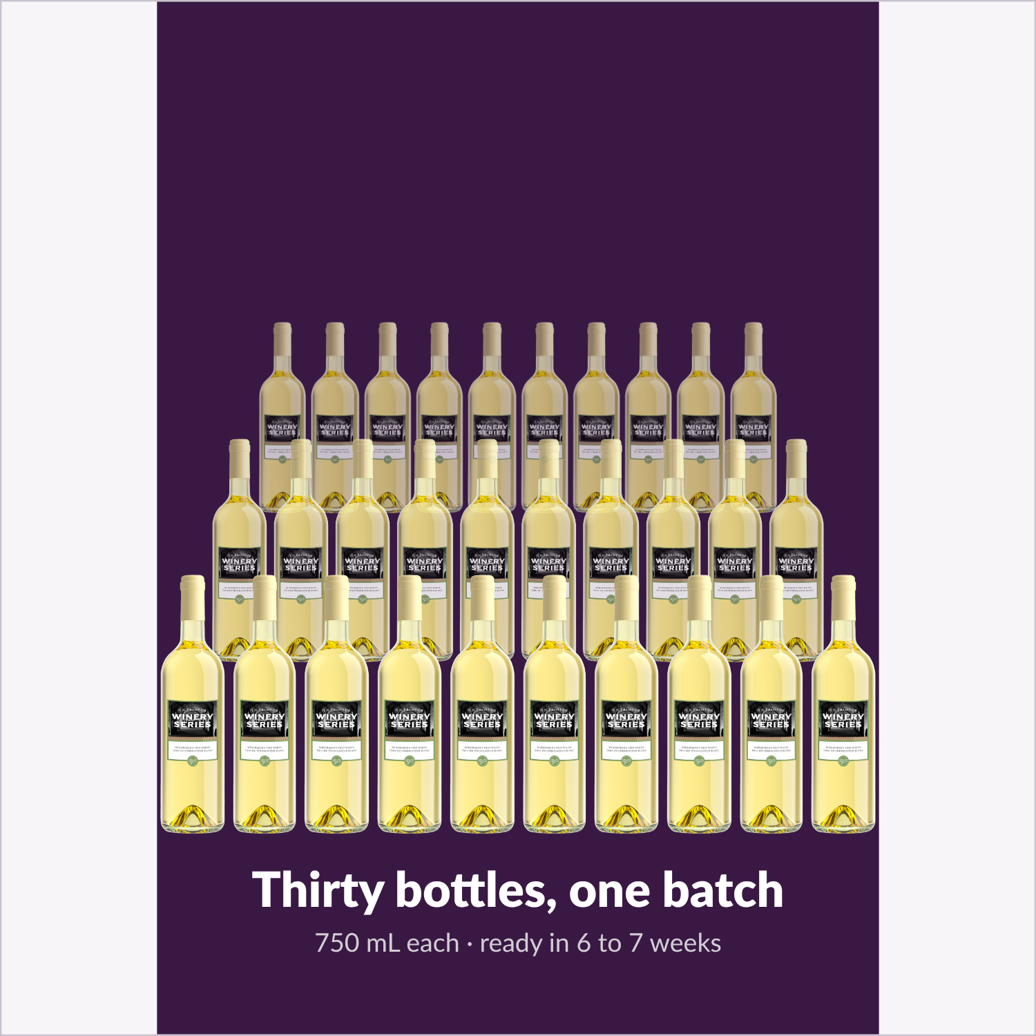 Thirty 750 mL bottles from one Winemaker's Trio White batch, ready in 6 to 7 weeks