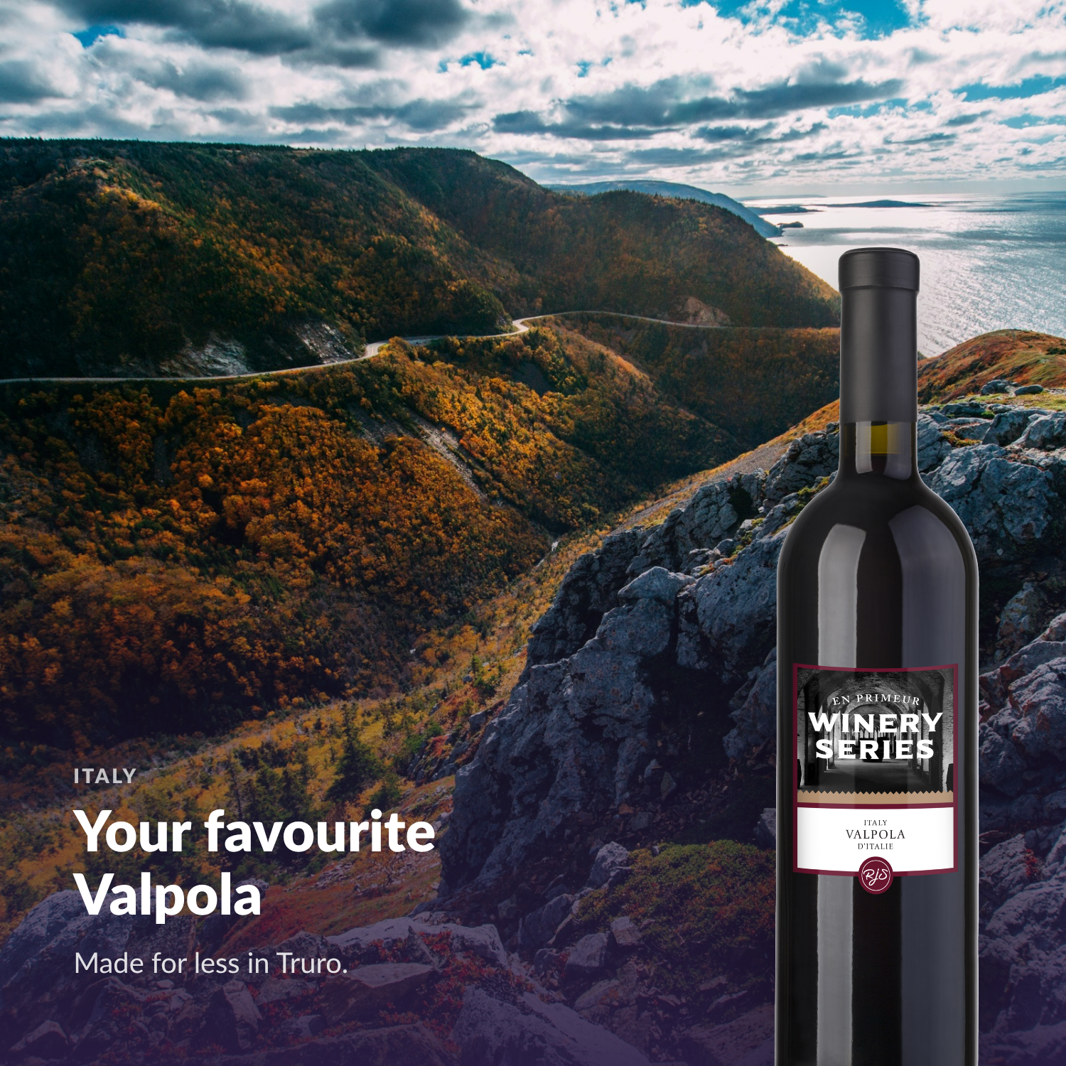 En Primeur Winery Series Valpola bottle against an Atlantic Canadian autumn landscape