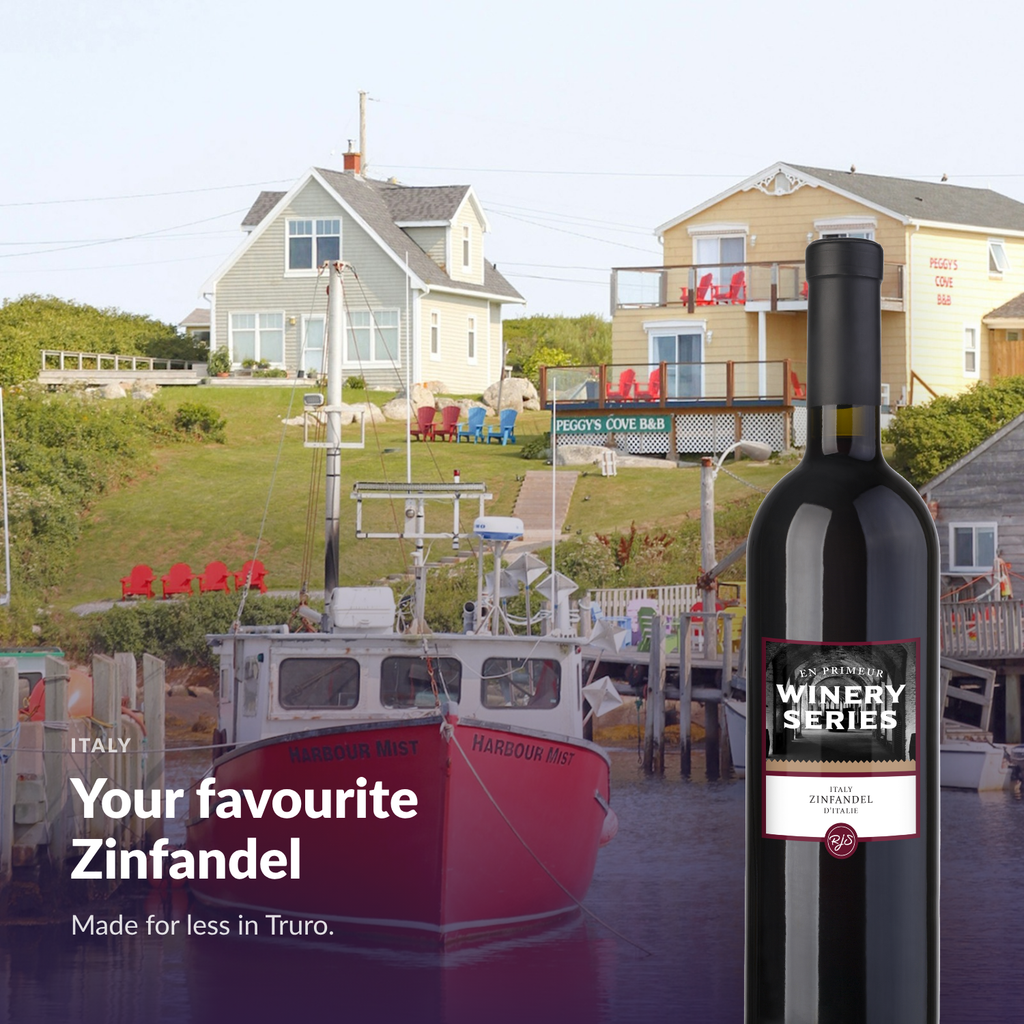 Bottle of En Primeur Winery Series Zinfandel in an Atlantic Canadian setting, made for less in Truro