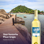 Heritage Estates Pinot Grigio bottle on a seaside boardwalk